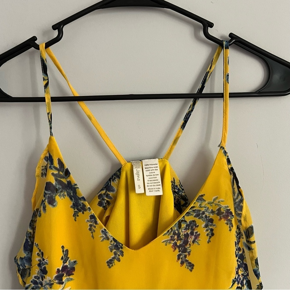 Japna Yellow Blue Floral Tank Top Small | Spaghetti Strap Racerback Ruffle - Picture 4 of 4